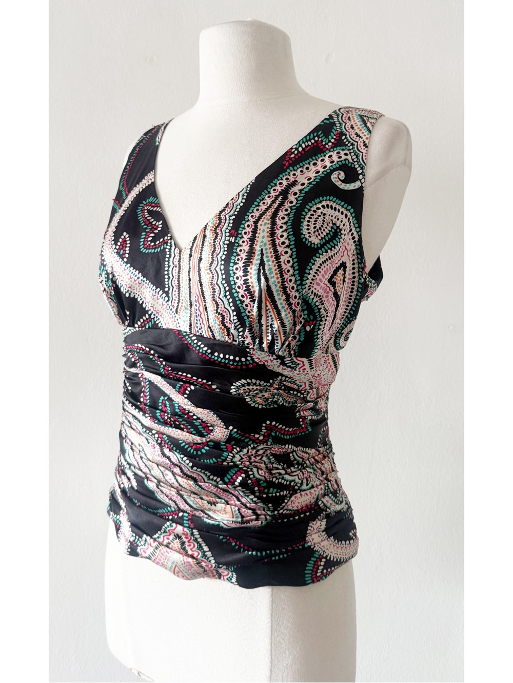 Vintage Y2K Silk Adrianna Papell Silk Ruched Sleeveless V Neck Blouse Size 14